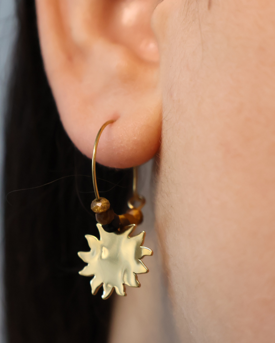 Boucles d'oreilles oeil de tigre, soleil - Ambre