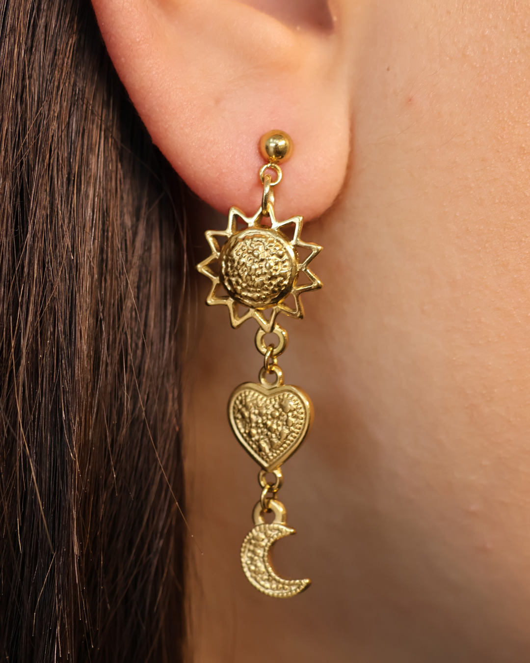 Boucles d'oreilles coeur, soleil & lune - Diane