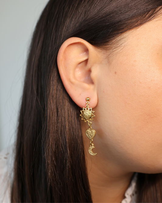 Boucles d'oreilles coeur, soleil & lune - Diane